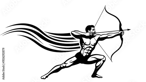 Illustration of a muscular man drawing a bow and arrow with a flowing cape against a white background.