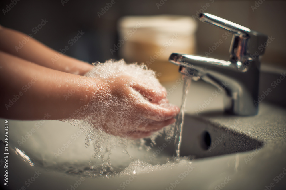 Fototapeta premium Person washing hands thoroughly with soap bubbles under running water from modern faucet in bathroom sink for hygiene and cleanliness practice