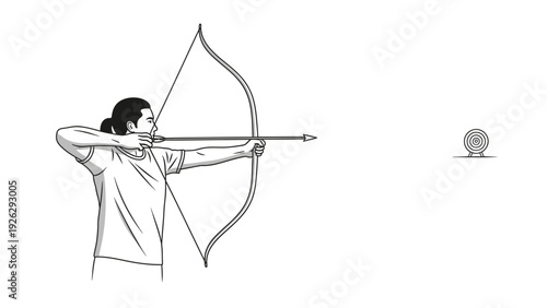 A young woman in a focused stance aiming a bow and arrow at a distant target on a plain white background.