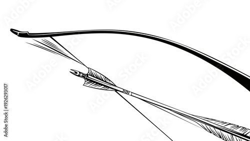 A detailed illustration of a bow and arrow against a plain white background in a classic, monochromatic style.