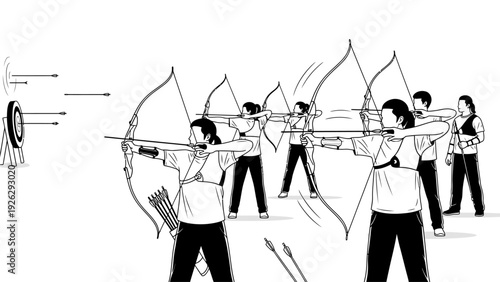 Black and white illustration of multiple people aiming bows and arrows in various positions against a plain white background.
