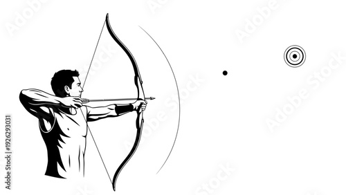 Black and white illustration of a man aiming a bow and arrow at a target on a plain white background.