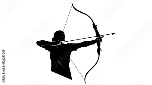 Silhouette of a person aiming a bow and arrow against a plain white background with a focus on the archer's stance.