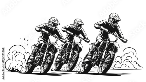Black and white illustration of three motorcyclists racing in a row with dynamic motion lines and clouds of smoke on a plain white background.