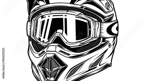 Black and white illustration of a motorcycle helmet with goggles on a plain white background.