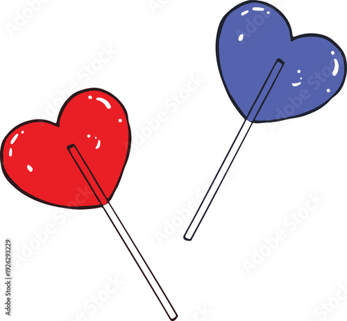 Colorful heart shaped lollipops on sticks.