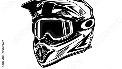 Black and white illustration of a motorcycle helmet with goggles on a plain white background.