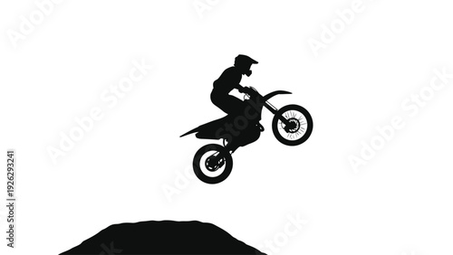 A silhouette of a motorcyclist jumping over a mound on a dirt bike against a white background with a dark and dynamic mood.