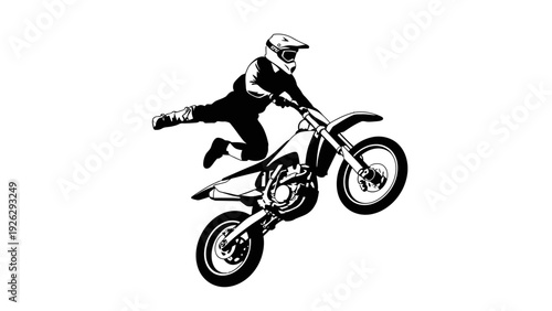 A motorcyclist in a white helmet performs a stunt on a dirt bike with a monochromatic design against a plain white background.