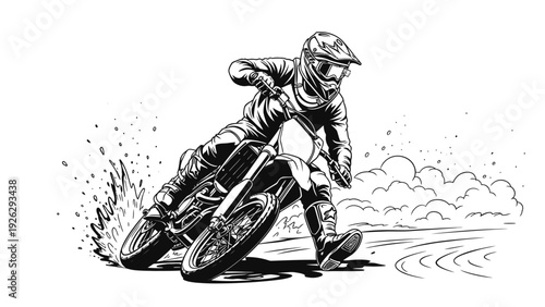 A motorcyclist in racing gear leaning into a turn on a dirt bike with motion blur and dust, in a black and white illustration with a dynamic mood.