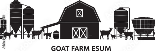 Goat farm animals and buildings rural landscape illustration