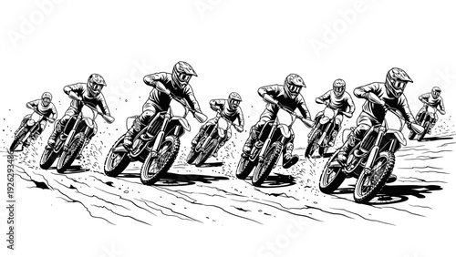 A group of motorcyclists racing on a track in a dynamic, monochromatic illustration with a sense of motion and energy.