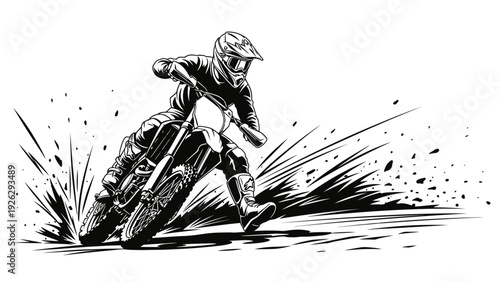 A motorcyclist in racing gear and helmet leans into a sharp turn on a dirt bike with motion lines and splashes around, in a black and white dynamic illustration.