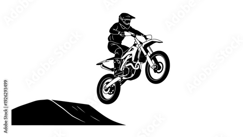 A black silhouette of a motorcyclist jumping a dirt bike over a ramp on a white background with bold lines.
