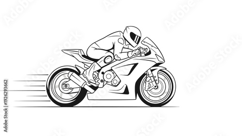 A black and white line drawing of a motorcycle rider in a racing pose speeding to the right on a solid white background with motion lines.