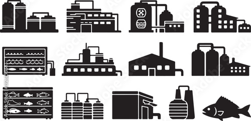 Industrial Factory and Fish Processing Plant Icon Set Graphic