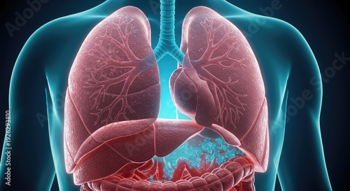 Detailed graphic showing the organ structure filling with fresh air, illustrating respiratory function, oxygen transfer, and wellness ,cellular ,exhale ,respiration