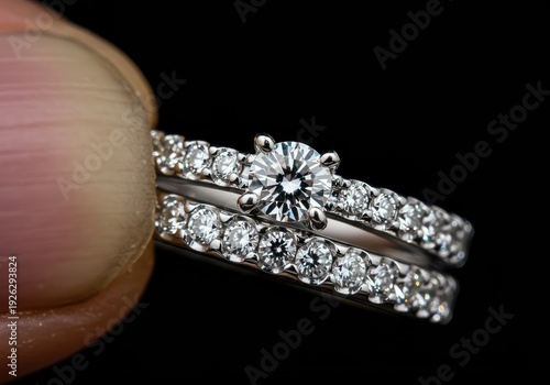 Detailed macro photograph focusing on the meticulous setting of a brilliant diamond stone into a finely polished wedding ring ,workshop ,jewelry ,trade