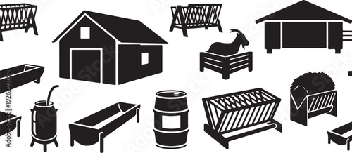 Farm equipment and buildings in black and white illustration