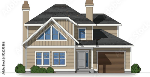 Modern two-story suburban family house vector featuring a neutral tan exterior shingles large windows two chimneys and a garage for real estate residential property and home construction illustration.