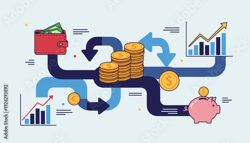 Financial growth pathway with money transfer and investment in piggy bank and stock charts