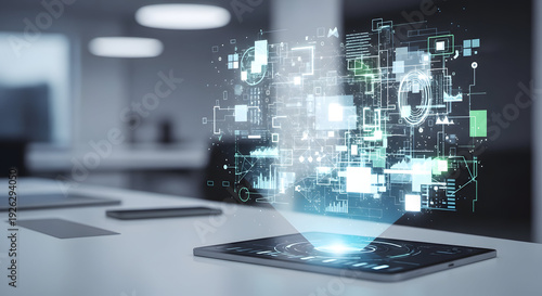 Smartphone with digital circuit board on office table