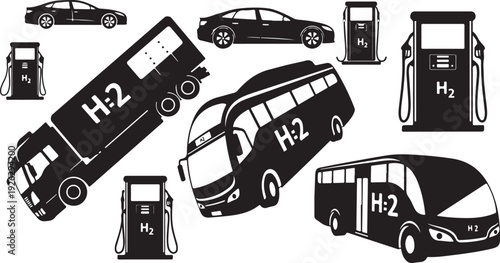 Hydrogen Fuel Cell Vehicles and Refueling Stations Illustration Set