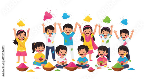 Children joyfully celebrate with colorful powder during a festive occasion