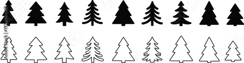 Rows of black silhouette and outline Christmas trees on white Keywords: christmas tree, pine tree, fir tree, evergreen, forest