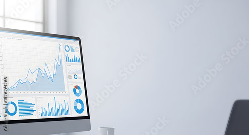 Computer monitor displaying graphs and charts in office