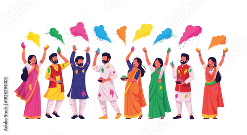 A group celebrates holi festival with vibrant colors and joyful expressions