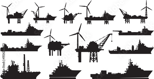 Collection of ship and wind turbine silhouettes at sea