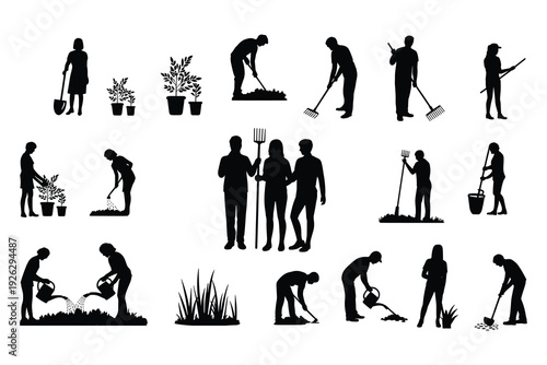 Silhouettes of people gardening and tending to plants with tools and watering cans Keywords: gardening, gardener, plants