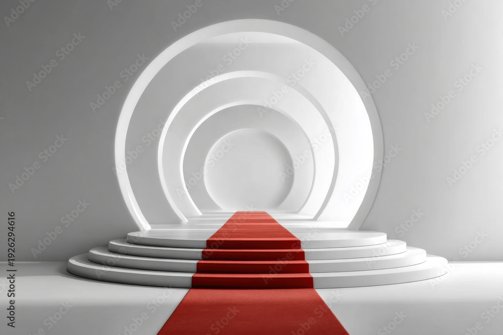 Obraz premium a red carpet entrance onto a white cylindrical podium