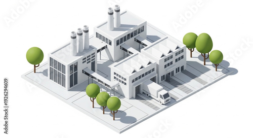 Isometric Factory Building with Trees.