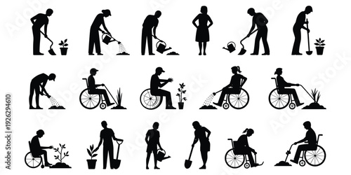 Silhouettes of people gardening, including individuals in wheelchairs, with plants and tools Keywords: gardening, gardener