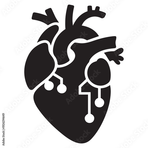 Digital Human Heart with Circuit Connections Icon - Medical Technology and Bionic Cardiology Illustration