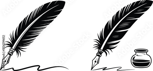 Quill pen silhouette vector illustration set, feather with ink bottle, classic writing instrument design for literature, history, calligraphy, education, and vintage projects