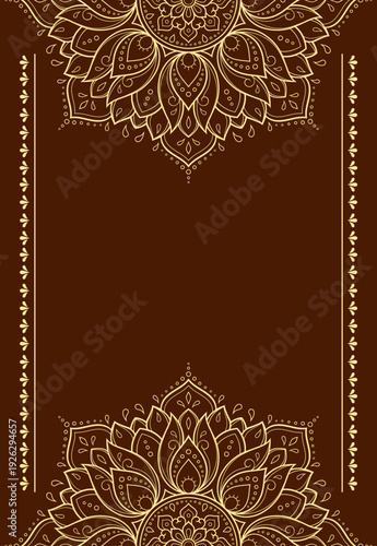 Frame in eastern tradition. Stylized with henna tattoos decorative pattern for decorating covers for book, notebook, casket, magazine, postcard and folder. Flower border in mehndi style.