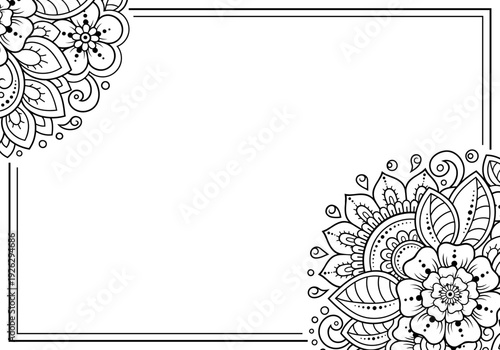 Frame in eastern tradition. Stylized with henna tattoos decorative pattern for decorating covers for book, notebook, casket, magazine, postcard and folder. Flower border in mehndi style.