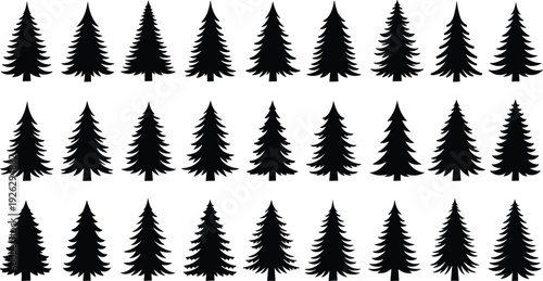 Black pine tree silhouette vector set with spruce fir evergreen forest elements isolated on white background for winter nature outdoor landscape design