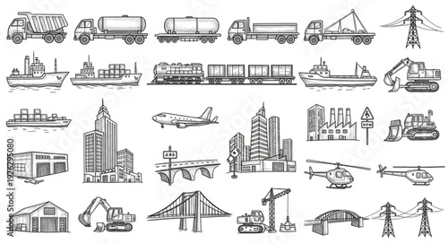 Collection of various transportation vehicles and urban infrastructure elements.