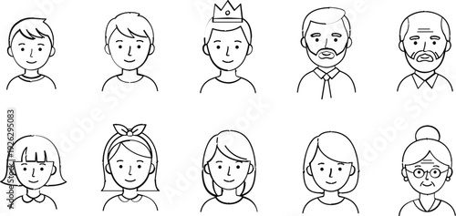 Line Art Icons of Diverse Characters Including Children, Adults, and Elders with Various Hairstyles and Accessories