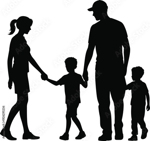 Family silhouette vector illustration, parents holding hands with children, unity, love, togetherness, parenting, happiness, lifestyle design for posters, banners, and community projects