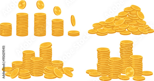 Stack of gold coins vector set with falling money piles of golden cash treasure isolated on white background for game ui finance