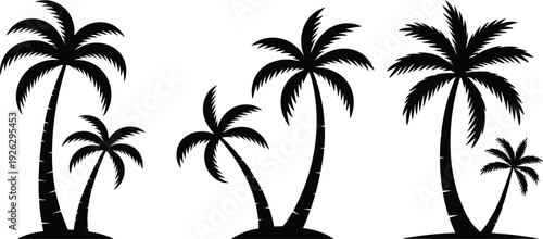 Three Black Palm Tree Silhouettes with Smaller Companions on White Background tropical nature
