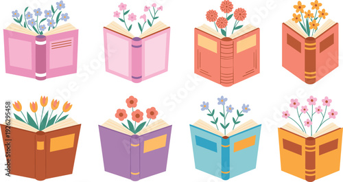 Open books with blooming flowers vector illustration set, colorful creative design combining literature and nature, education, inspiration, growth, and decorative artwork themes