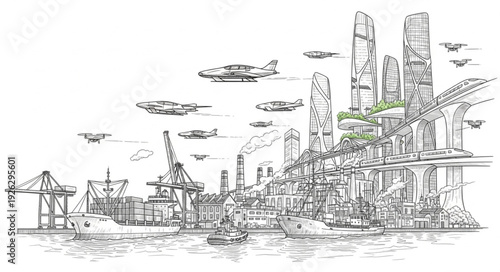 Detailed architectural sketch of a futuristic city with towering structures and intricate designs.