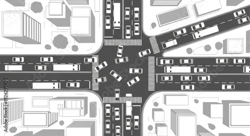 Overhead view of a busy city intersection with heavy traffic congestion.