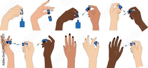 Diverse female hands applying blue nail polish vector illustration set with various skin tones for beauty salon manicure wellness and self care concepts.
